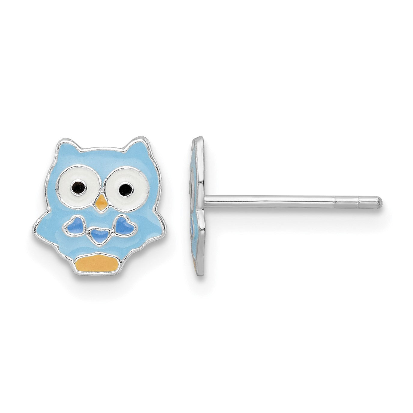 Sterling Silver Rhodium-plated Polished Multi-color Enameled Blue Owl Children's Post Earrings
