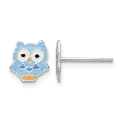 Sterling Silver Rhodium-plated Polished Multi-color Enameled Blue Owl Children's Post Earrings