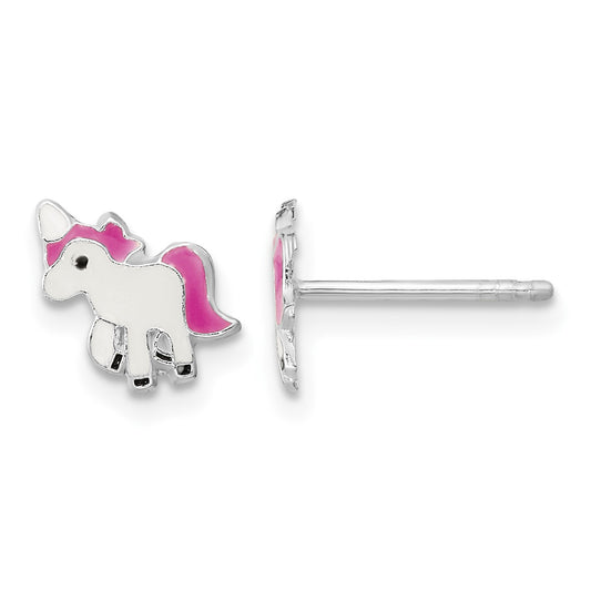Sterling Silver Rhodium-plated Polished Multi-color Enameled Pink Unicorn Children's Post Earrings