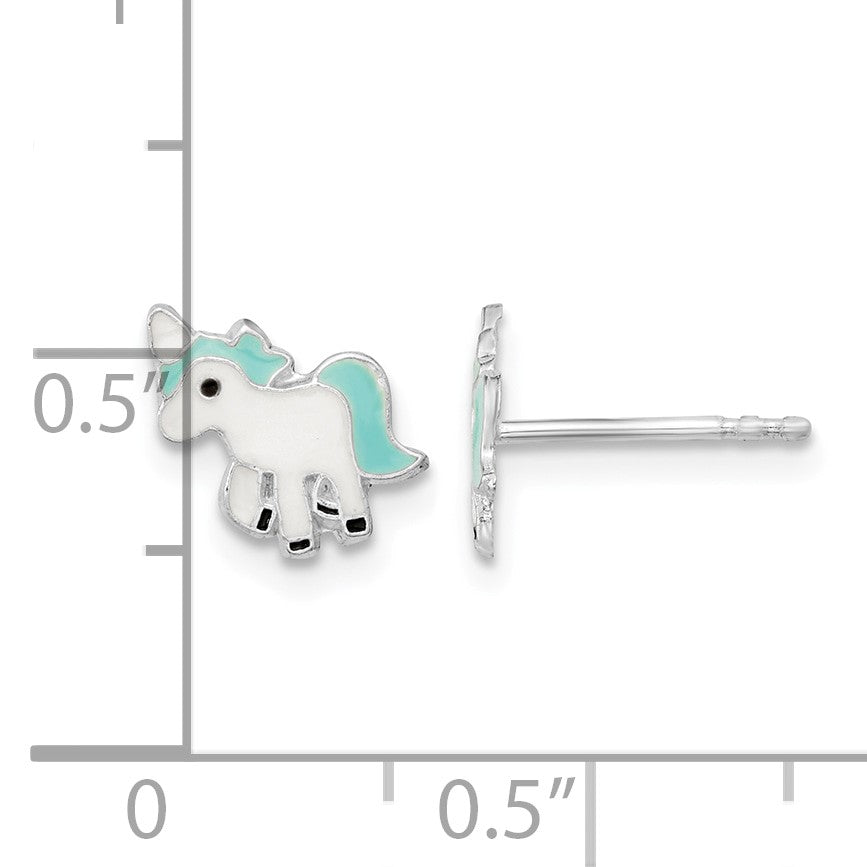 Sterling Silver Rhodium-plated Polished Multi-color Enameled Blue Unicorn Children's Post Earrings