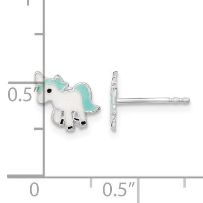 Sterling Silver Rhodium-plated Polished Multi-color Enameled Blue Unicorn Children's Post Earrings