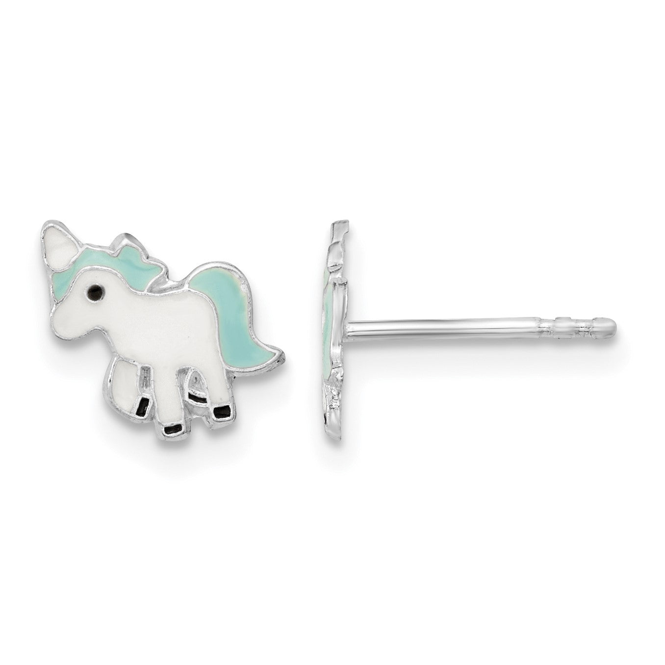 Sterling Silver Rhodium-plated Polished Multi-color Enameled Blue Unicorn Children's Post Earrings