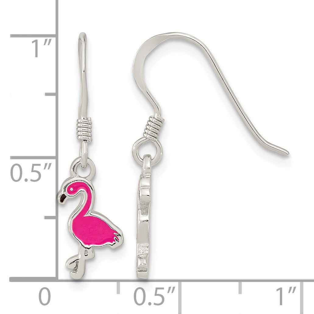 Sterling Silver Rhod-pltd Pink Enamel Flamingo Children's Dangle Earrings