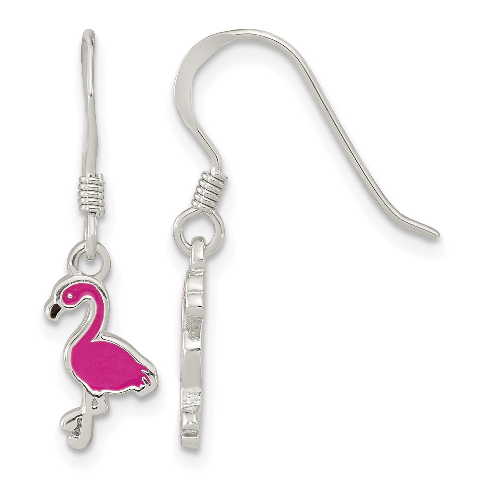 Sterling Silver Rhod-pltd Pink Enamel Flamingo Children's Dangle Earrings