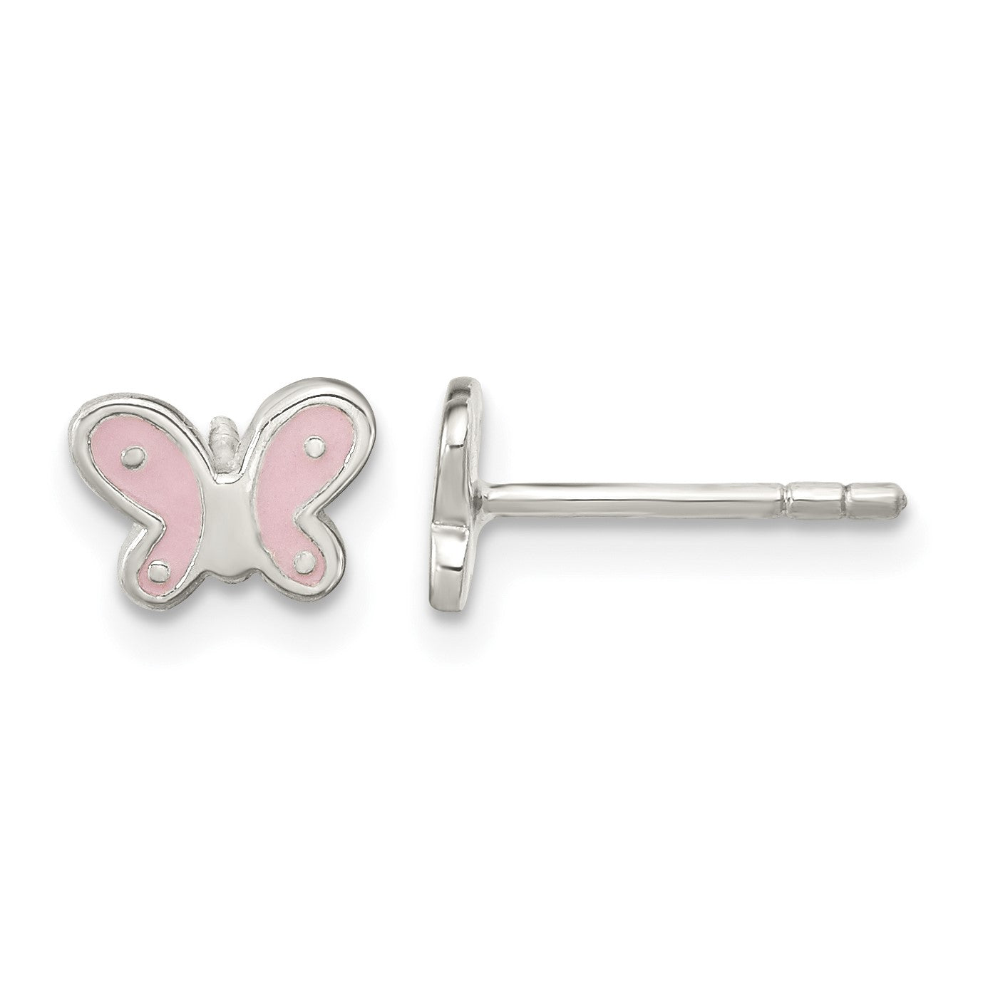 Sterling Silver RH-pltd Polish Pink Enamel Butterfly Childs Post Earrings