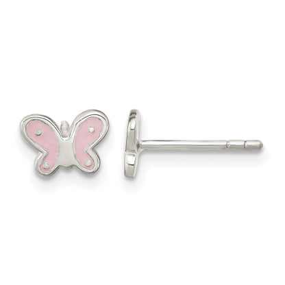 Sterling Silver RH-pltd Polish Pink Enamel Butterfly Childs Post Earrings