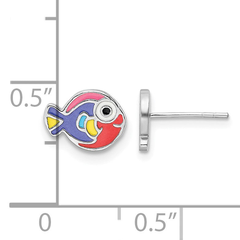 Sterling Silver Rhodium-plated Polished Multi-color Enameled Fish Children's Post Earrings