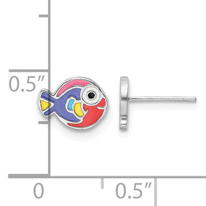 Sterling Silver Rhodium-plated Polished Multi-color Enameled Fish Children's Post Earrings