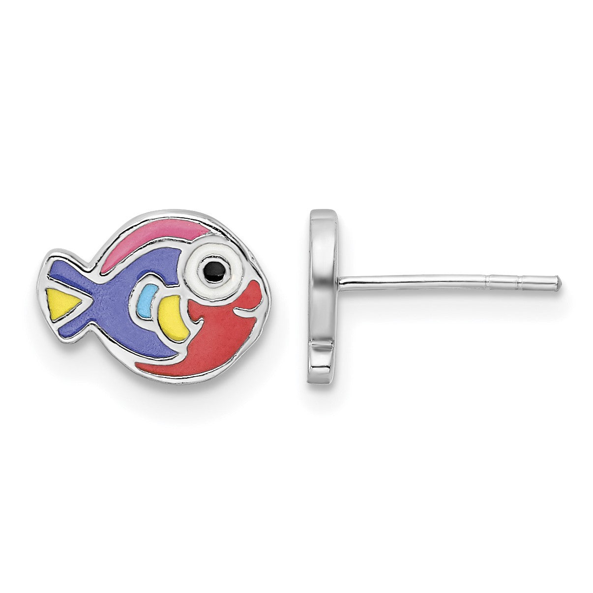 Sterling Silver Rhodium-plated Polished Multi-color Enameled Fish Children's Post Earrings