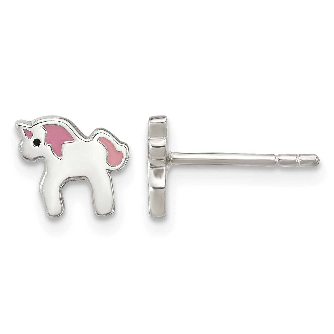 Sterling Silver Polished Multi-color Enameled Unicorn Children's Post Earrings