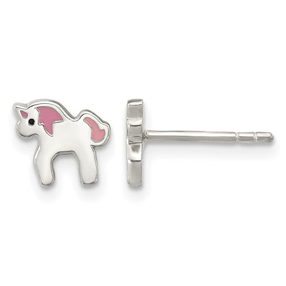 Sterling Silver Polished Multi-color Enameled Unicorn Children's Post Earrings