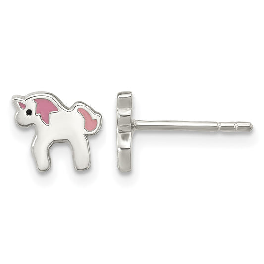 Sterling Silver Polished Multi-color Enameled Unicorn Children's Post Earrings
