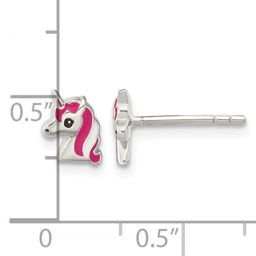 Sterling Silver Polished Multi-color Enameled Unicorn Head Children's Post Earrings