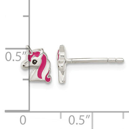 Sterling Silver Polished Multi-color Enameled Unicorn Head Children's Post Earrings