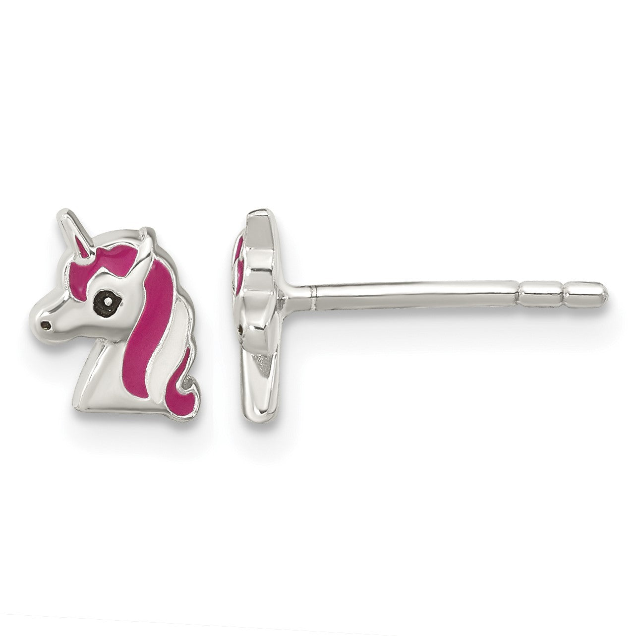 Sterling Silver Polished Multi-color Enameled Unicorn Head Children's Post Earrings