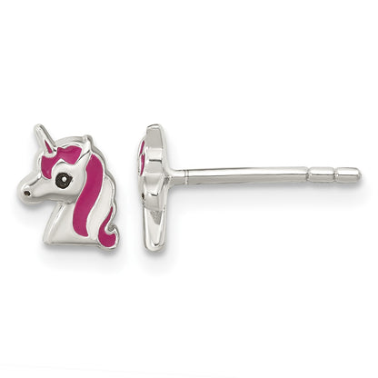 Sterling Silver Polished Multi-color Enameled Unicorn Head Children's Post Earrings
