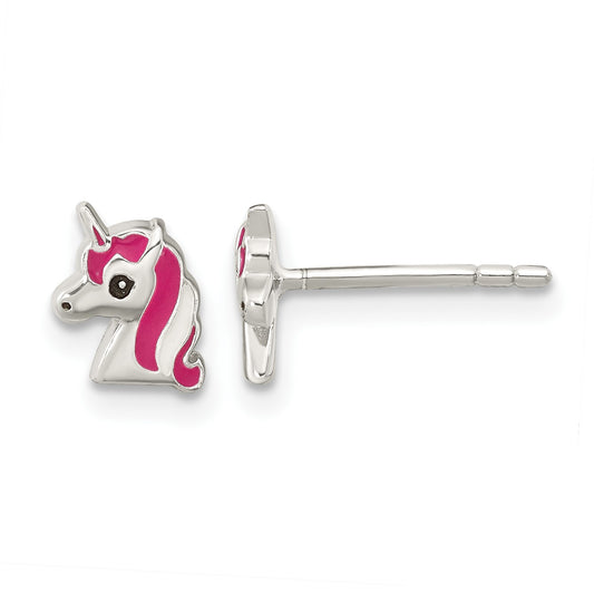 Sterling Silver Polished Multi-color Enameled Unicorn Head Children's Post Earrings