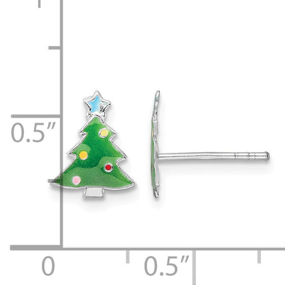 Sterling Silver Rhodium-plated Polished Multi-color Enameled Christmas Tree Children's Post Earrings