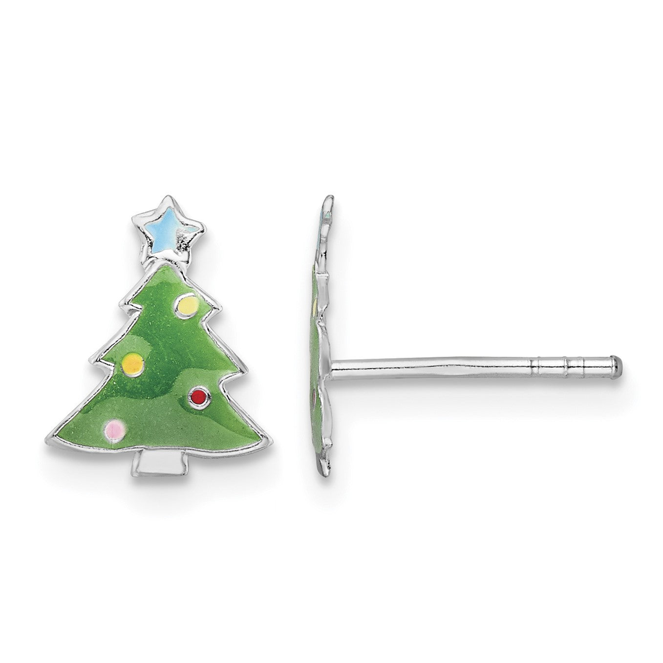 Sterling Silver Rhodium-plated Polished Multi-color Enameled Christmas Tree Children's Post Earrings