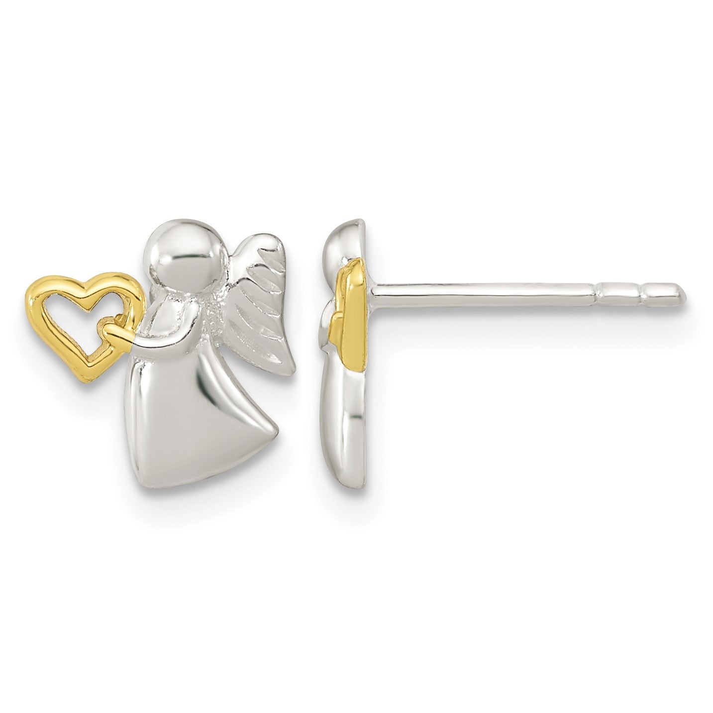 Sterling Silver Angel Gold-tone Heart Polished Post Earrings