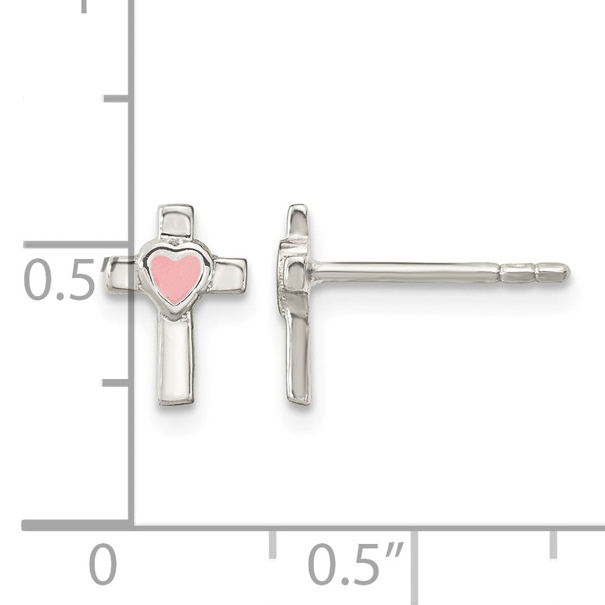 Sterling Silver Rhodium-plated Cross Pink Enamel Heart Post Earrings