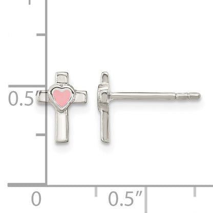 Sterling Silver Rhodium-plated Cross Pink Enamel Heart Post Earrings