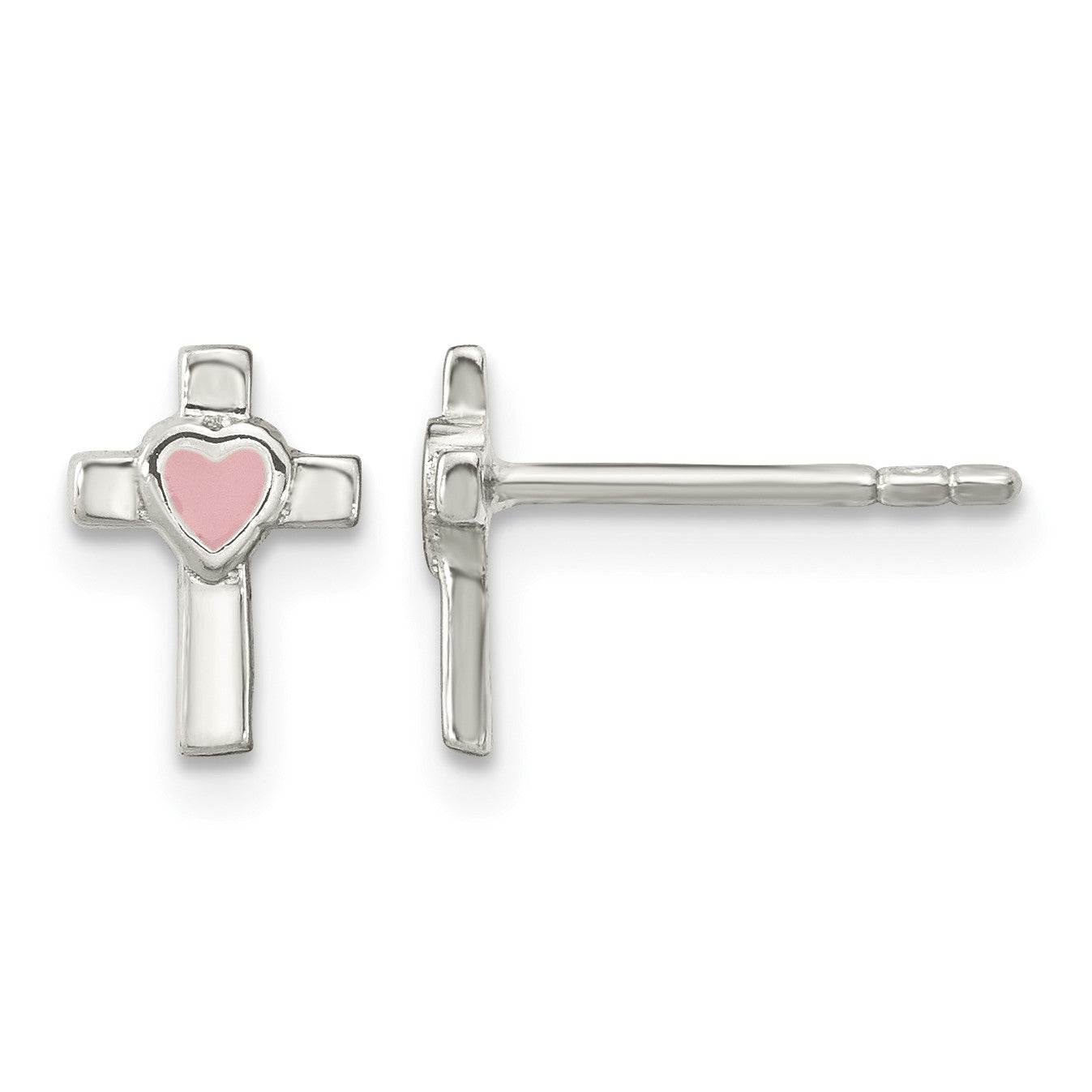 Sterling Silver Rhodium-plated Cross Pink Enamel Heart Post Earrings