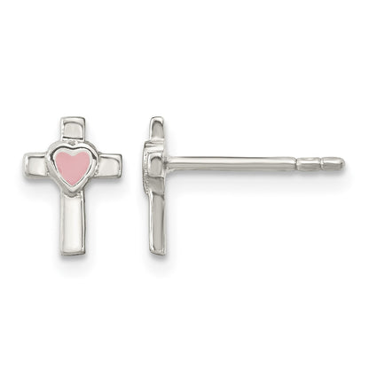 Sterling Silver Rhodium-plated Cross Pink Enamel Heart Post Earrings