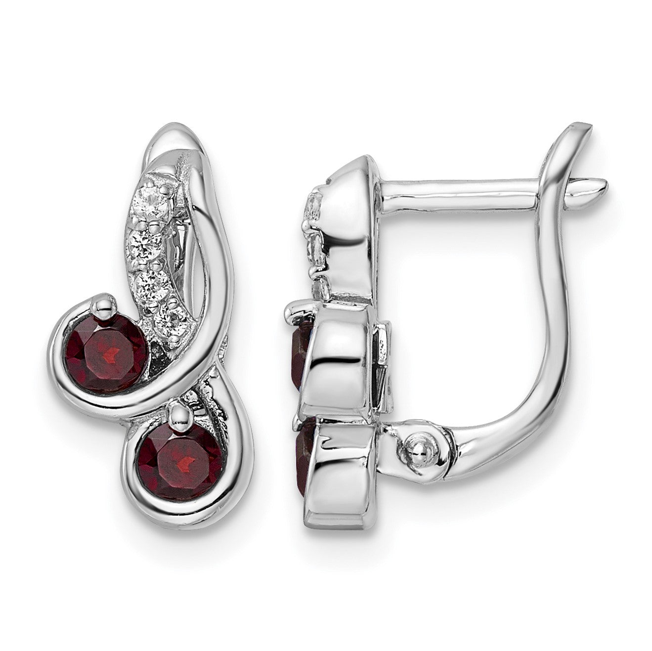 SS Rhod-plate .68t.w. Garnet/White Topaz Swirl Hinged Earring