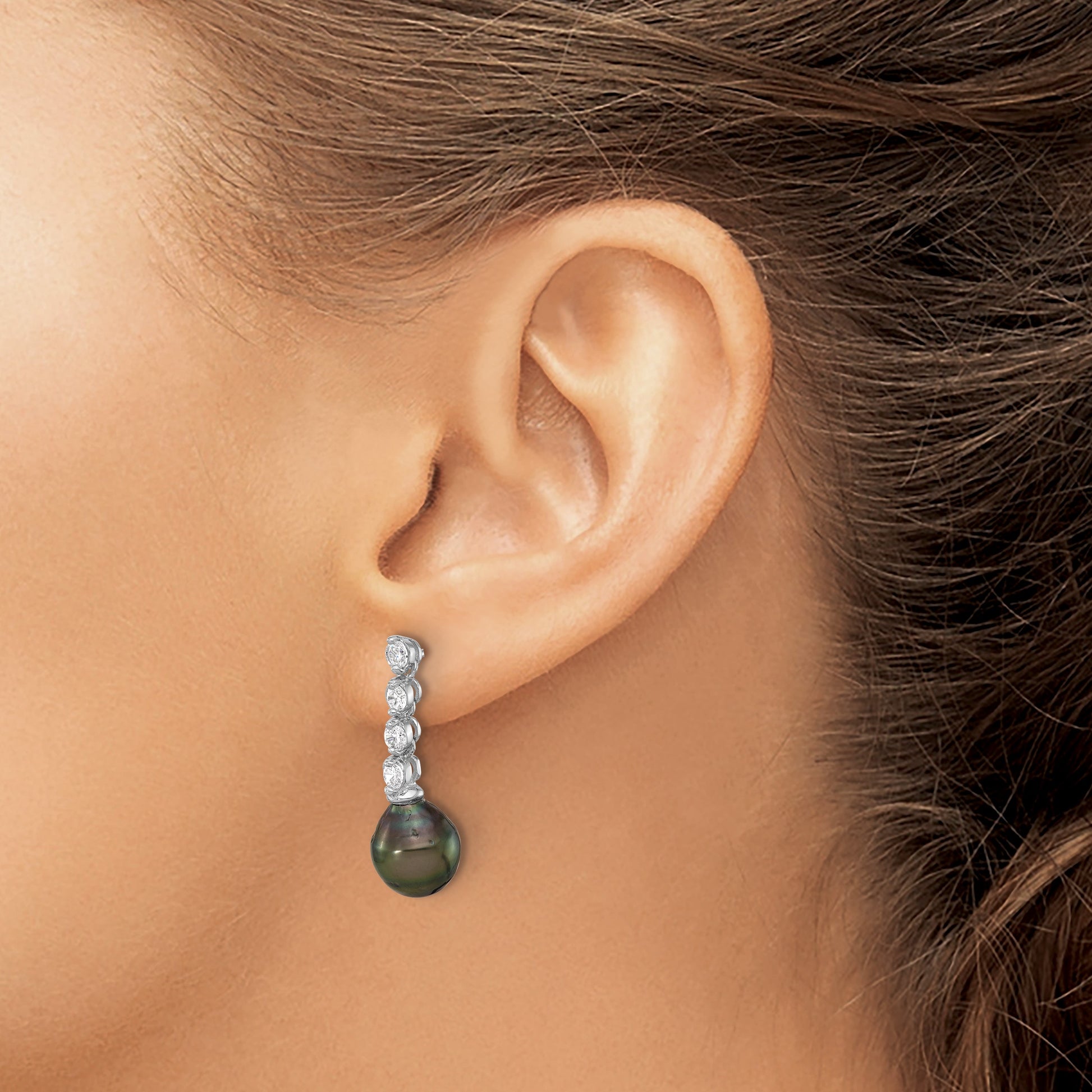Sterling Silver Rhodium-plated 9-10mm Black Teardrop Tahitian Saltwater Cultured Pearl and CZ Post Dangle Earrings