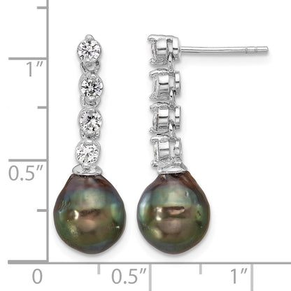 Sterling Silver Rhodium-plated 9-10mm Black Teardrop Tahitian Saltwater Cultured Pearl and CZ Post Dangle Earrings