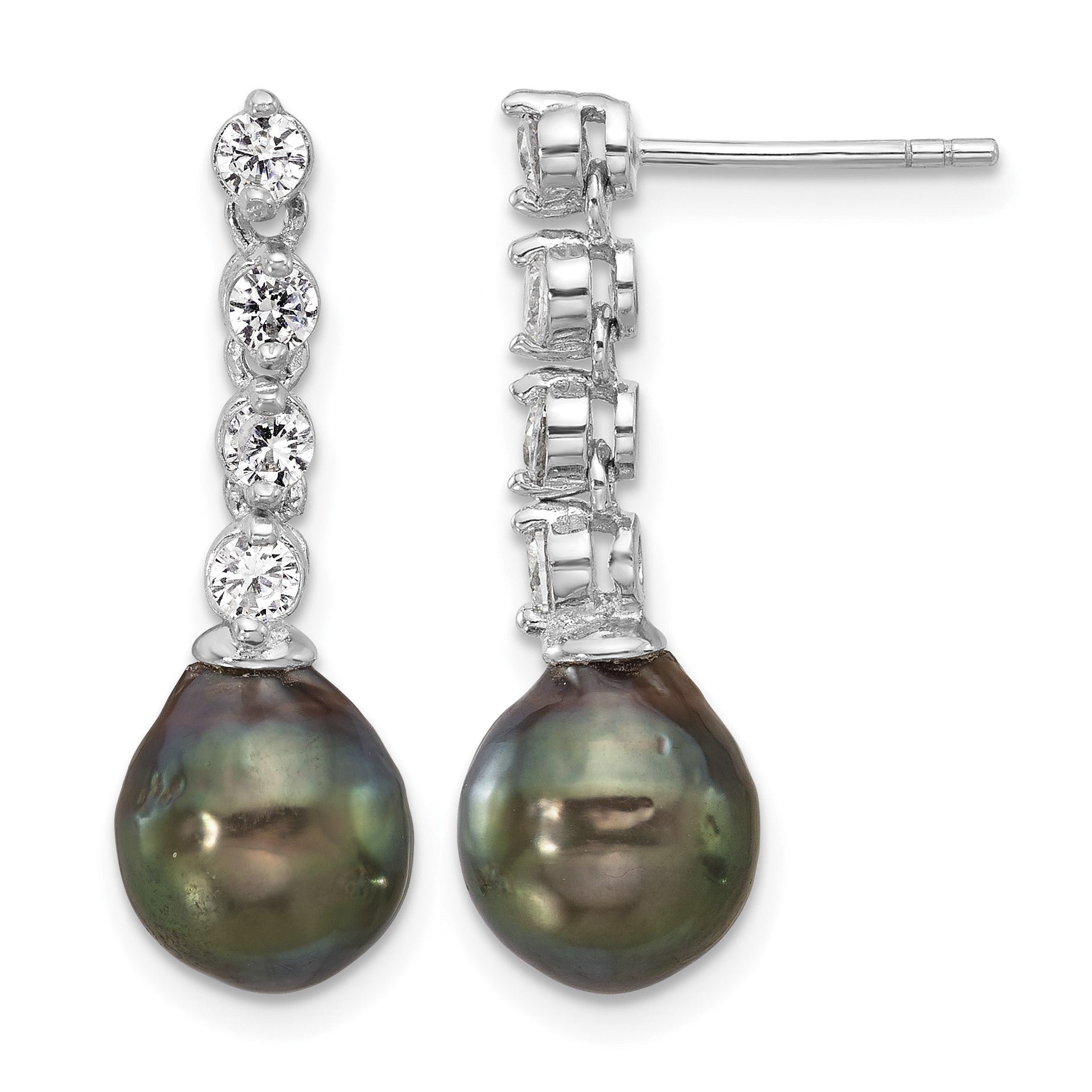 Sterling Silver Rhodium-plated 9-10mm Black Teardrop Tahitian Saltwater Cultured Pearl and CZ Post Dangle Earrings