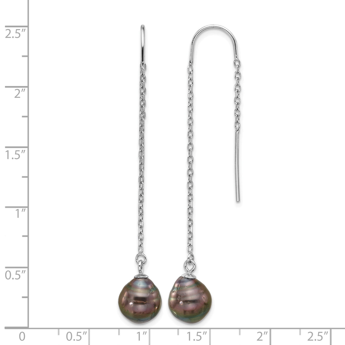 Sterling Silver Rhodium-plated 9-10mm Black Teardrop Tahitian Saltwater Cultured Pearl Threader Earrings