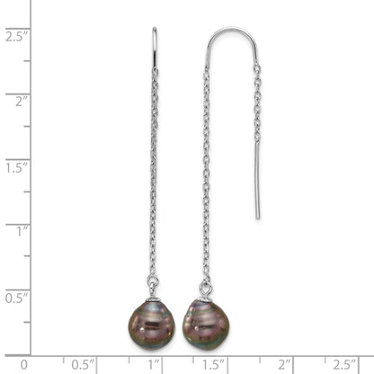 Sterling Silver Rhodium-plated 9-10mm Black Teardrop Tahitian Saltwater Cultured Pearl Threader Earrings