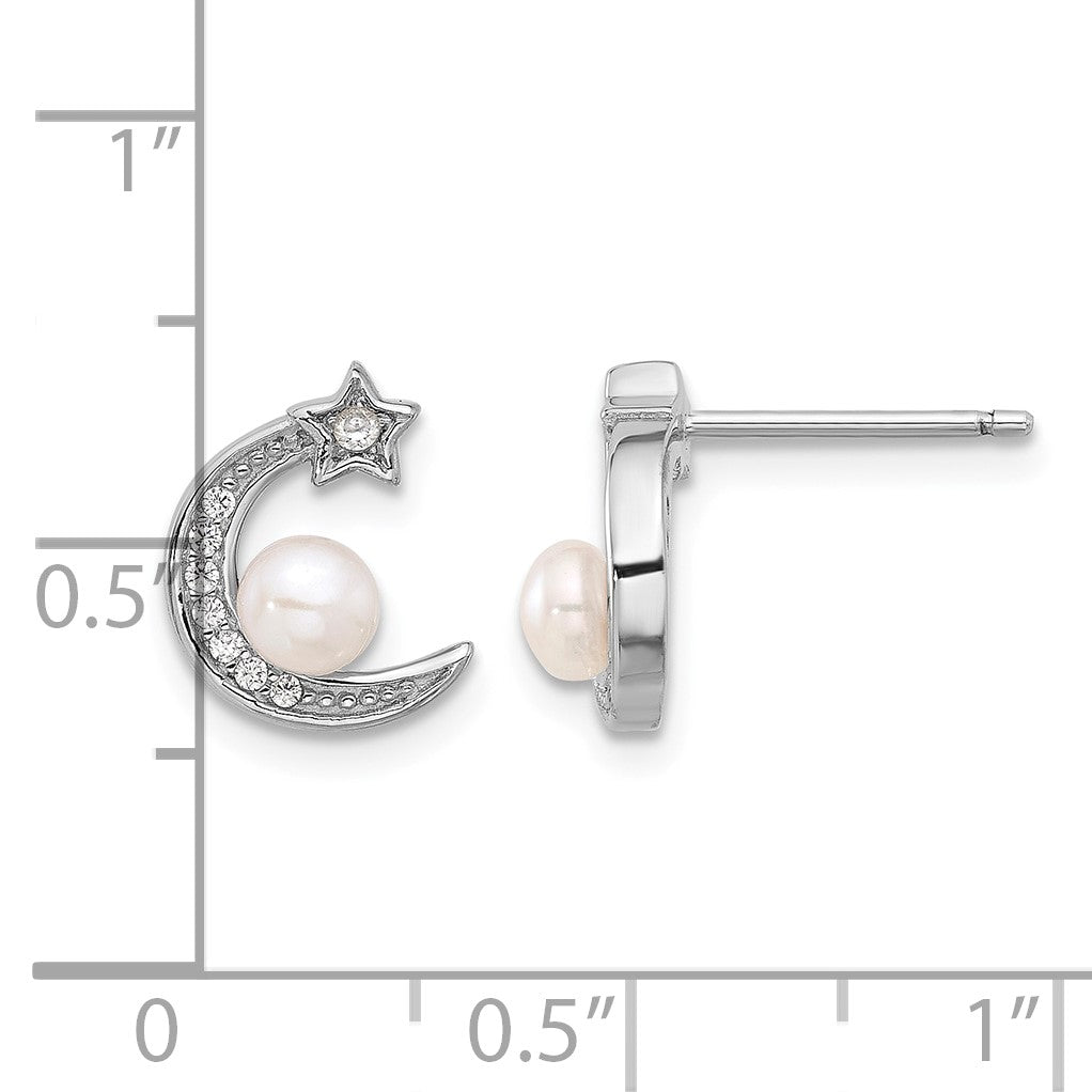 Sterling Silver Rhod-plated CZ and FWC Pearl Moon and Star Post Earrings