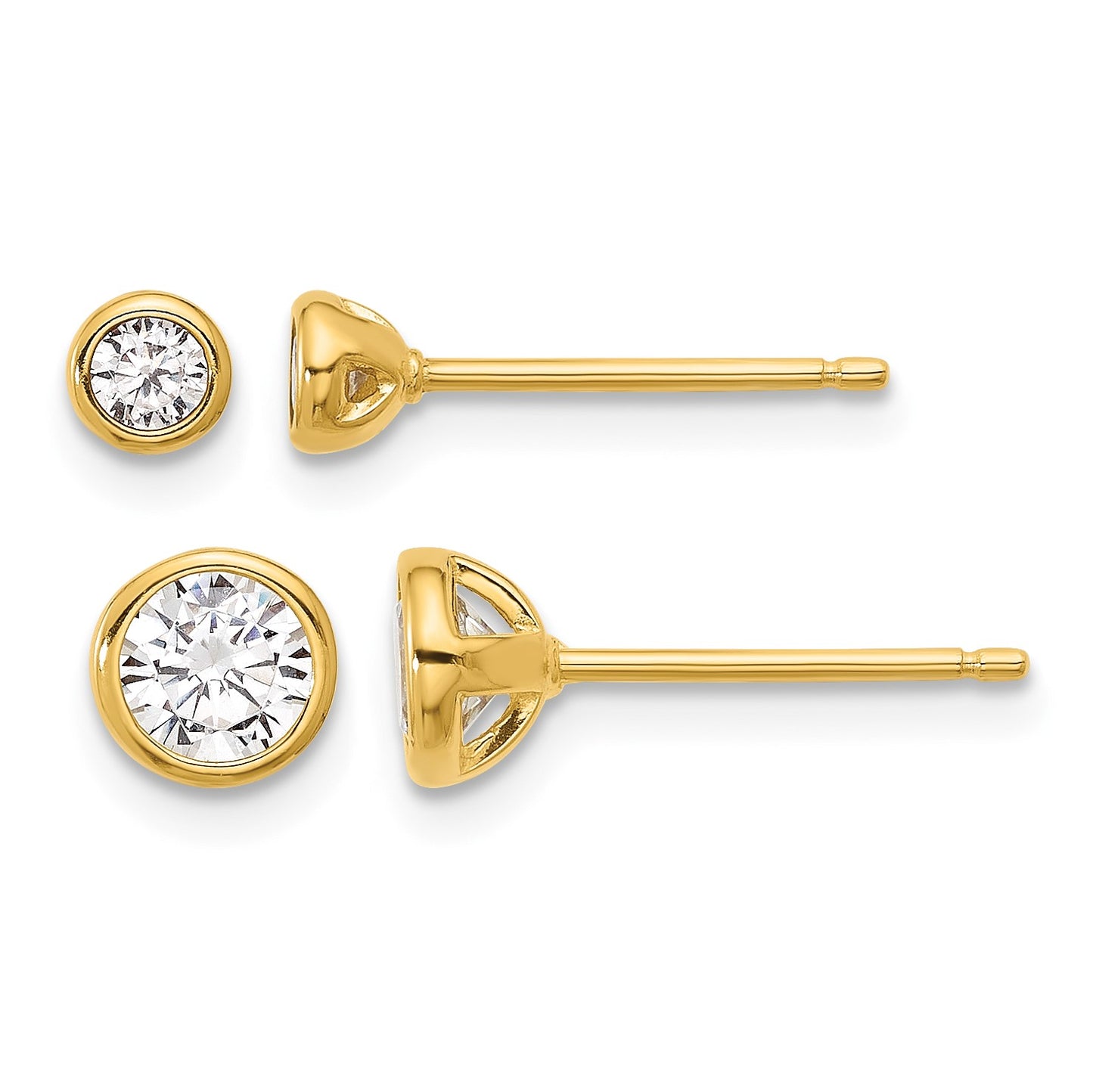 Sterling Silver Gold-tone 3mm and 5mm CZ Bezel Post Earrings Set