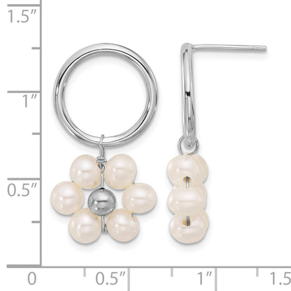 Sterling Silver Rhodium-plated 4-5mm White Semi-Round Freshwater Cultured Pearl Flower Post Dangle Earrings