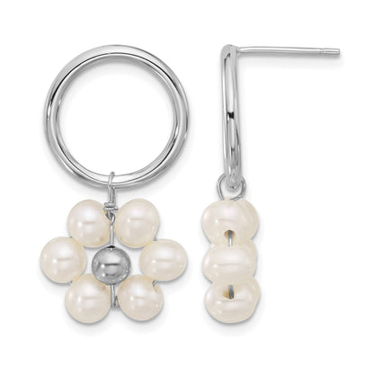 Sterling Silver Rhodium-plated 4-5mm White Semi-Round Freshwater Cultured Pearl Flower Post Dangle Earrings