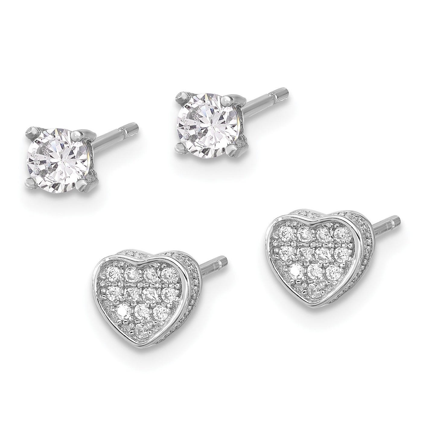 Sterling Silver RH-plated Pav� CZ Heart/4mm CZ Stud Post Earrings Set