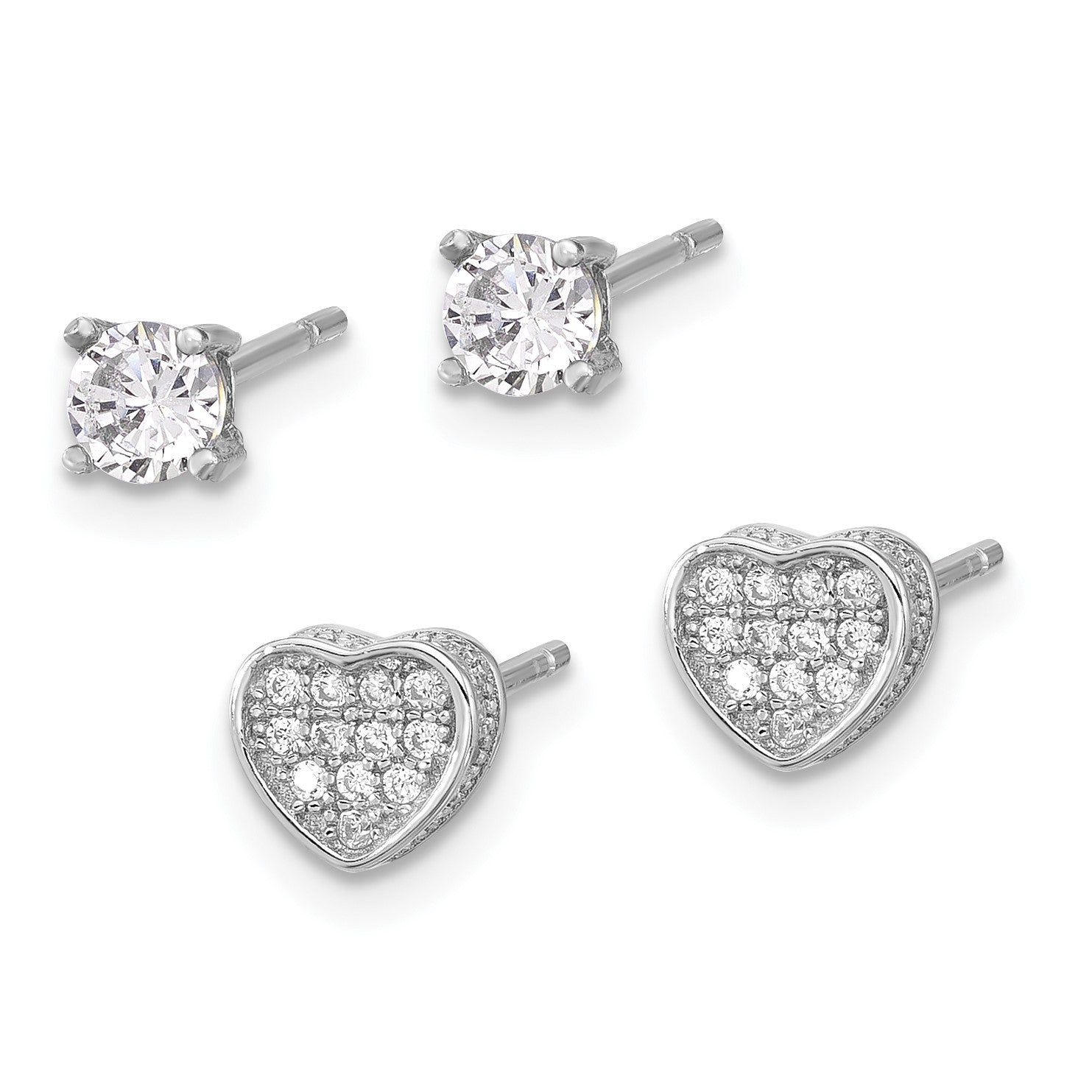 Sterling Silver RH-plated Pav� CZ Heart/4mm CZ Stud Post Earrings Set