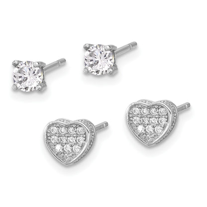 Sterling Silver RH-plated Pav� CZ Heart/4mm CZ Stud Post Earrings Set