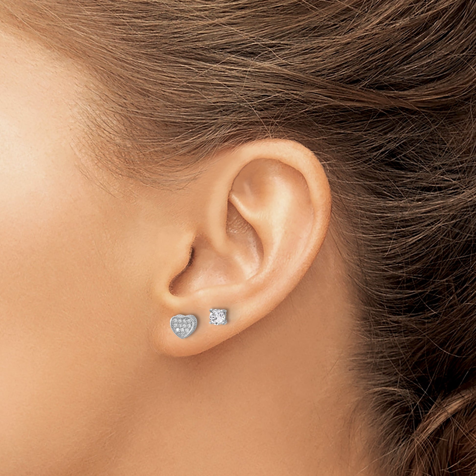 Sterling Silver RH-plated Pav� CZ Heart/4mm CZ Stud Post Earrings Set