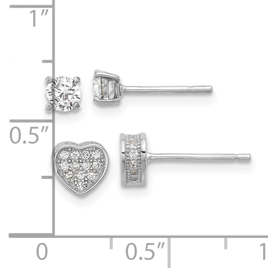 Sterling Silver RH-plated Pav� CZ Heart/4mm CZ Stud Post Earrings Set