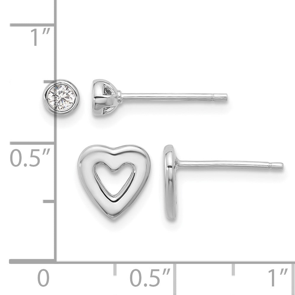 Sterling Silver Rhodium-plated CZ and Heart Post Earrings Set