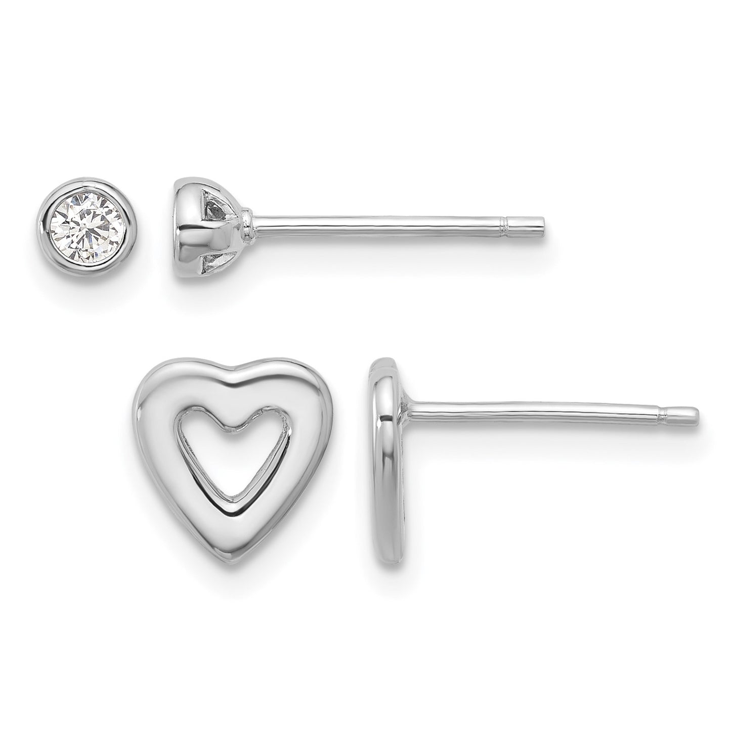 Sterling Silver Rhodium-plated CZ and Heart Post Earrings Set
