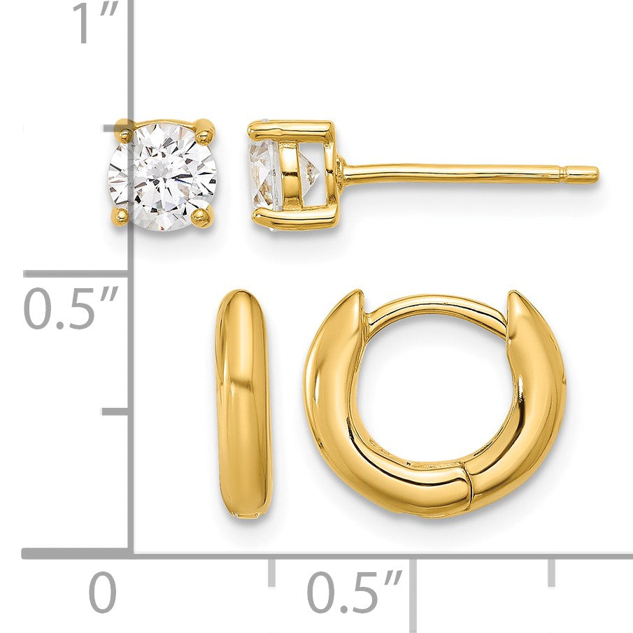 Sterling Silver Gold-tone 2.5mm Huggie Hoops/5mm CZ Stud Earrings Set