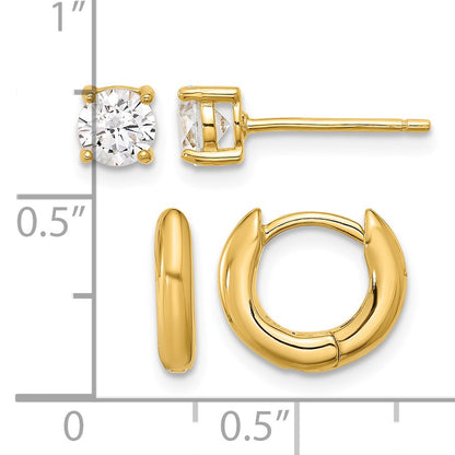 Sterling Silver Gold-tone 2.5mm Huggie Hoops/5mm CZ Stud Earrings Set