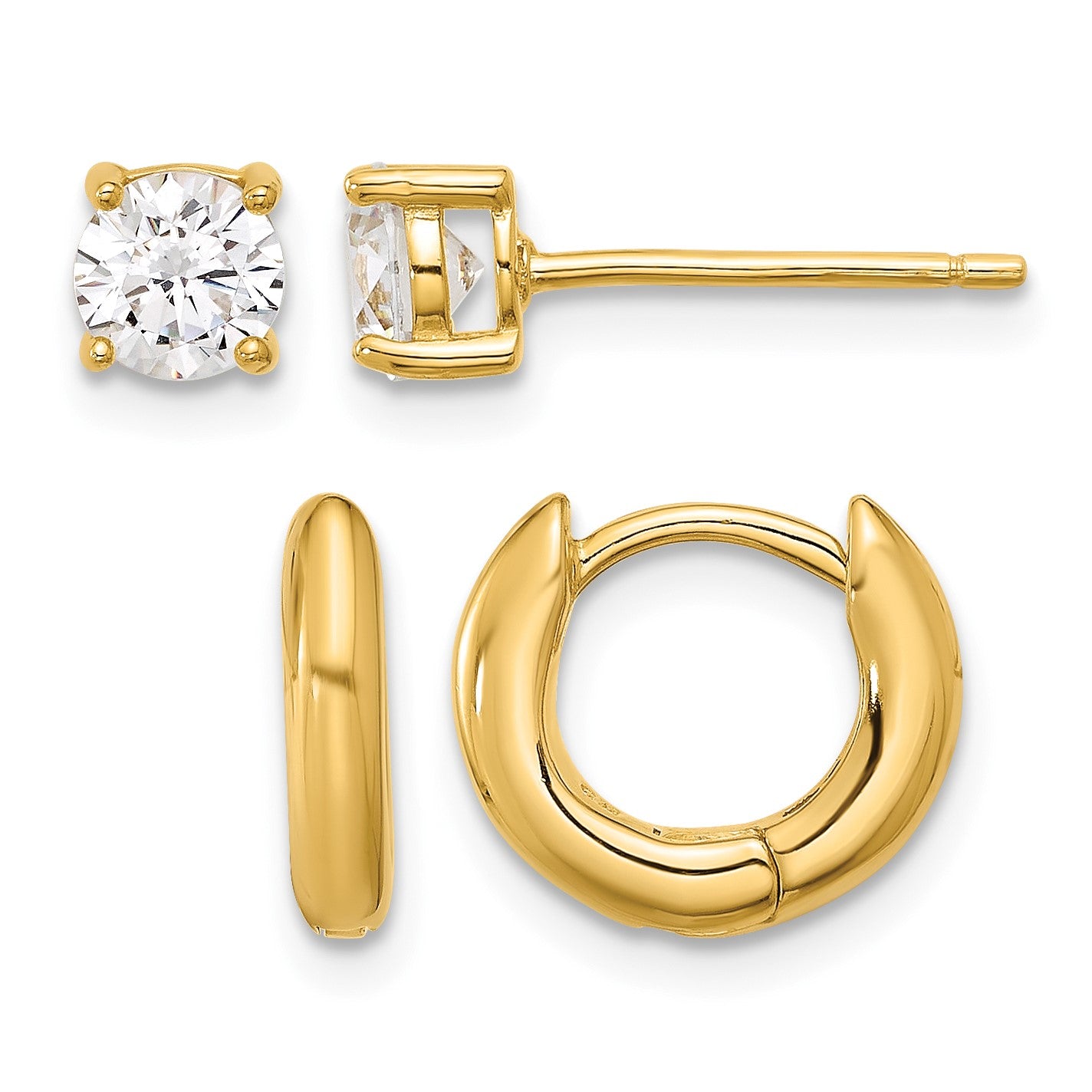 Sterling Silver Gold-tone 2.5mm Huggie Hoops/5mm CZ Stud Earrings Set
