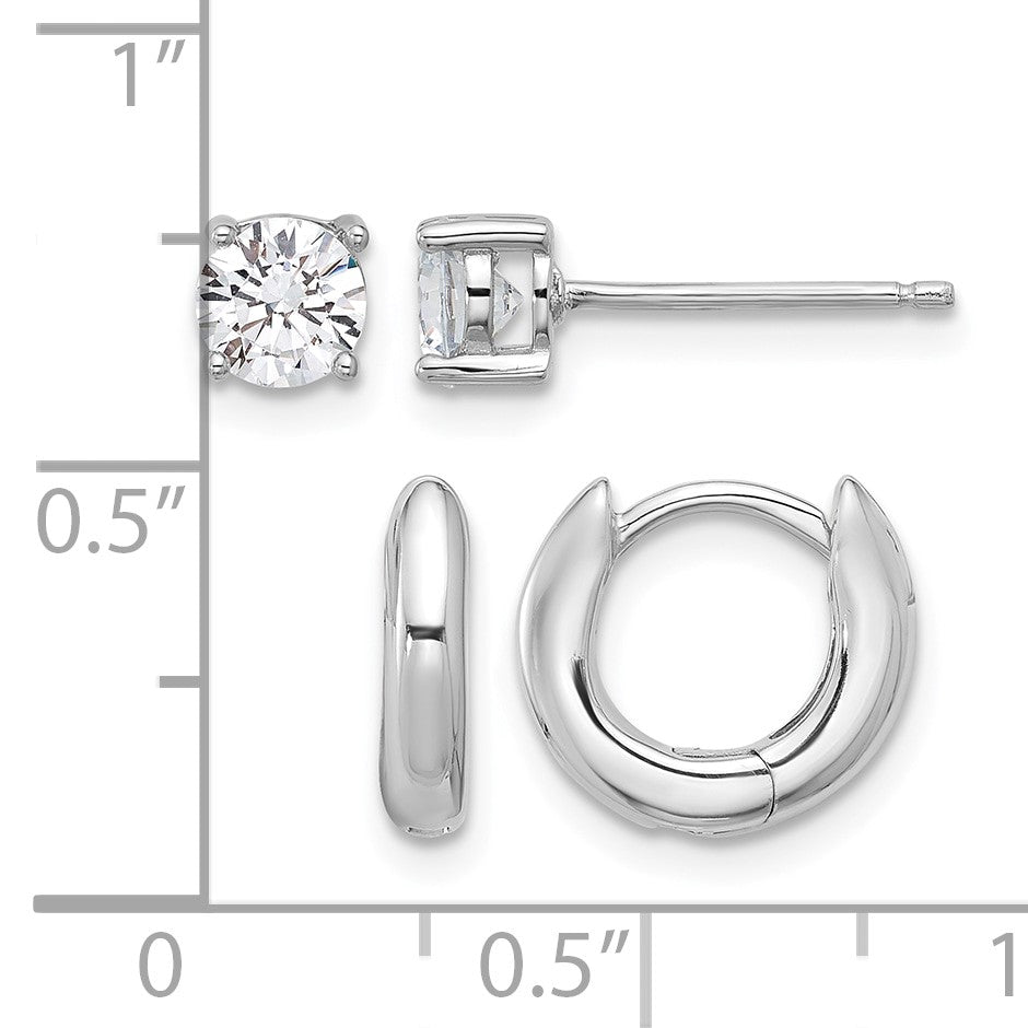 Sterling Silver RH-plated 2.5mm Huggie Hoops/5mm CZ Stud Earrings Set