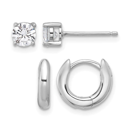 Sterling Silver RH-plated 2.5mm Huggie Hoops/5mm CZ Stud Earrings Set